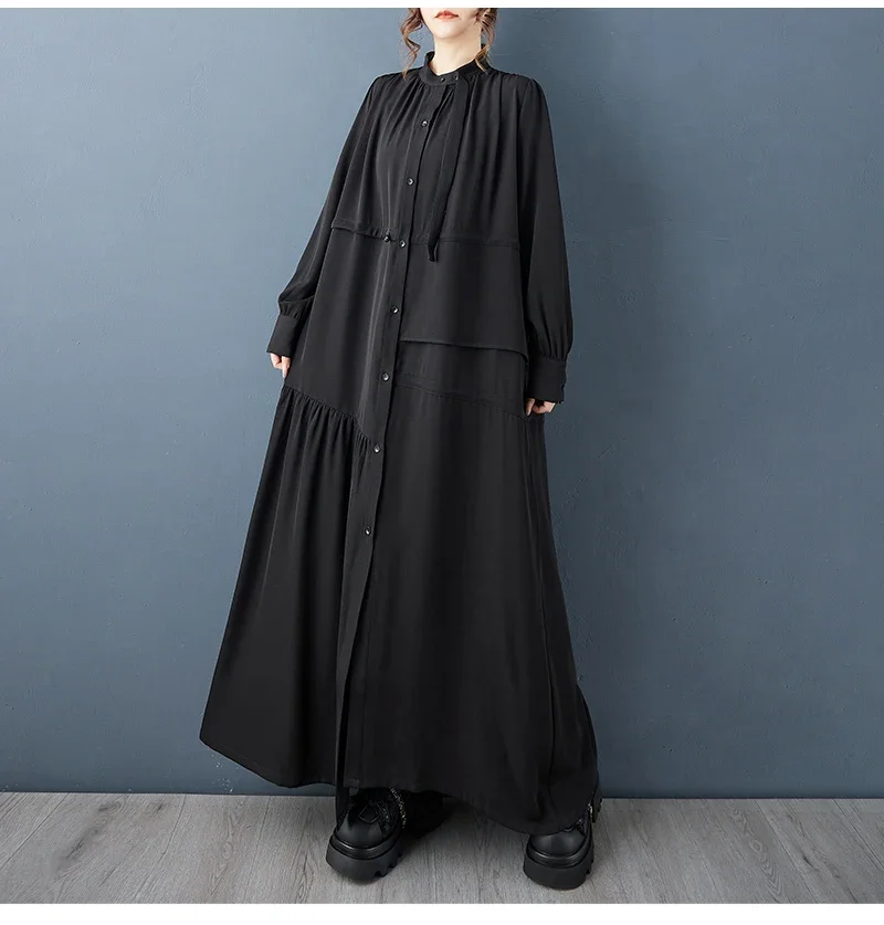 فستان قميص أسود عتيق فضفاض لخريف 2025 فستان نسائي غير منتظم بأكمام طويلة