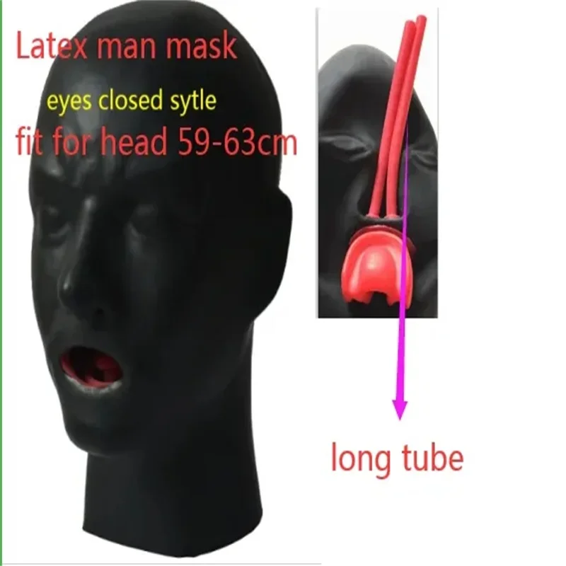 0.6mm Thickness 3D Latex Hood Rubber Mask Fetish  with Mouth Gag Plug Long Nose Tube Back Zip for Women Head Around 54-57cm