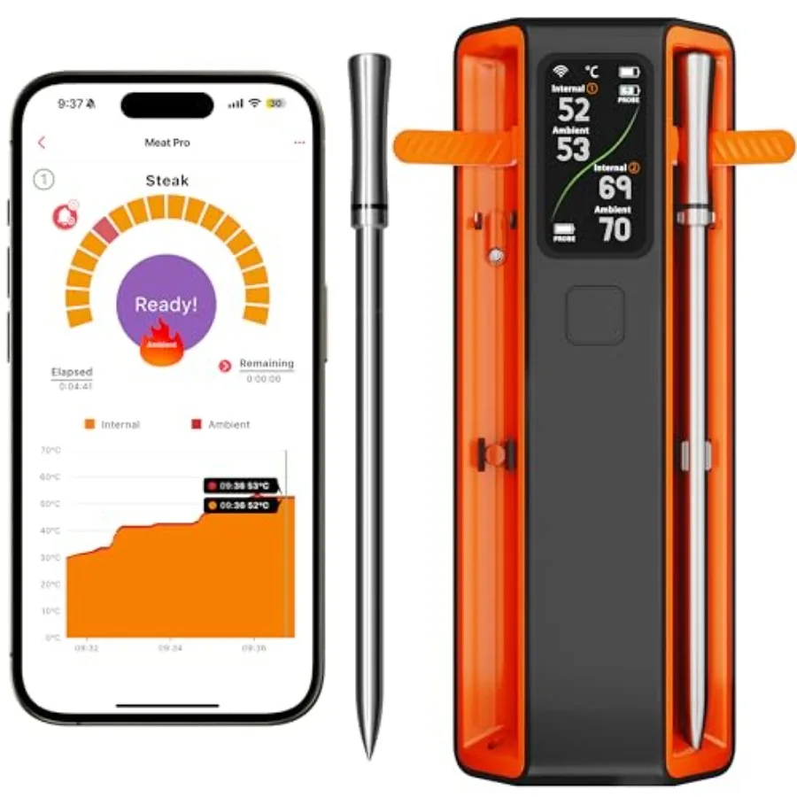 

Умный беспроводной Bluetooth-термометр для мяса с 2 датчиками и ЖК-экраном для гриля, барбекю, коптильни, аэрофритюрницы, кухонной духовки. Идеально подходит для