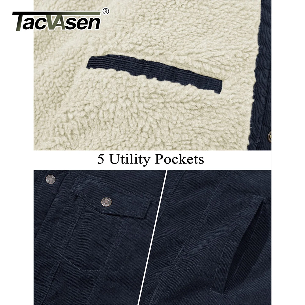 سترة سروال قصير للرجال من TACVASEN سترة شيربا ناعمة للدفء وبطانة من الصوف وياقة مقلوبة معطف شتوي لسائقي الشاحنات ملابس عمل متعددة الجيوب
