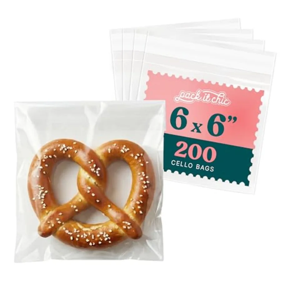 6" X 6" Self Sealing Cellophane Bags 200 Pack - Clear Cookie Bags With Seal for Baked Goods Packaging, Cookie Wrappers, Bakery