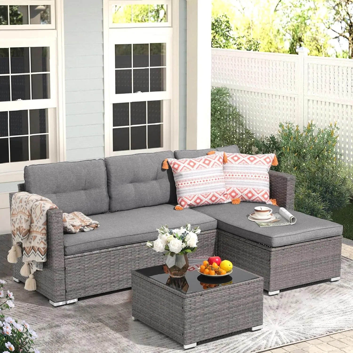 Outdoor Wicker Rattan Couch Set com Almofadas, Sofá secional, Mobília do pátio Sets, todo o tempo