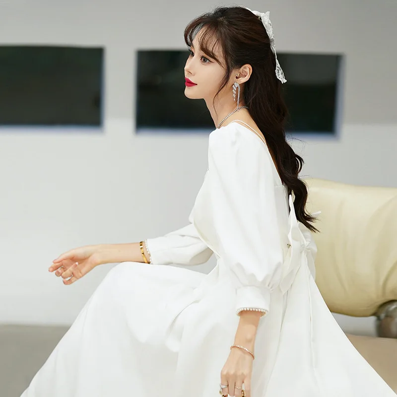 White A-Line Evening Part Satin Sexy Solid Color Summer New Women Maxi Gown Elegant Cheongsam Vestidso Novelty Bowknot Qipao