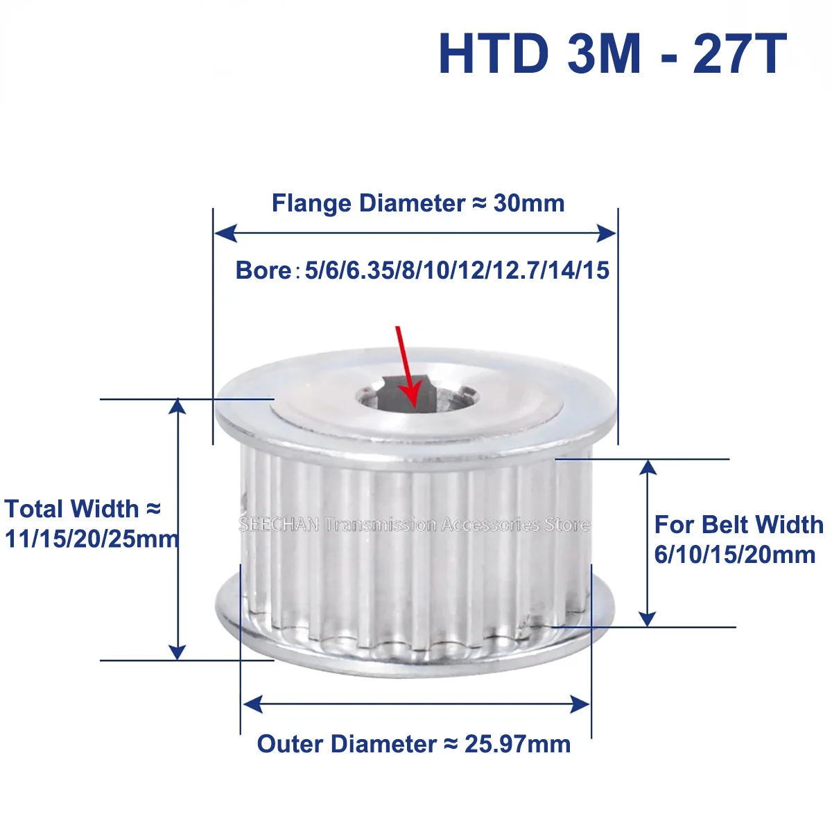 27 Teeth HTD 3M Synchronous Pulley Bore 5/6/6.35/8/10~15mm for Width 6/10/15mm HTD3M Timing Belt HTD3M Pulley Wheel 27Tooth 27T