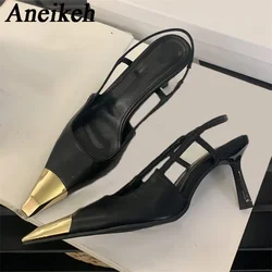Aneikeh Street Style Sexy Pointed Toe Slingbacks Pumps Women Stripper Sandals High Heels Female Banquet Shoes Brown Kitten Heels
