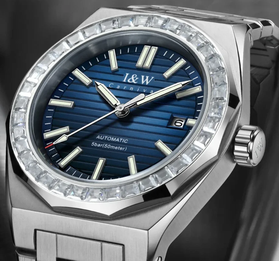 

I&W Мужские автоматические часы 42 мм Механические наручные часы 50 м Водонепроницаемый светящийся стальной ремешок Сапфировый циркон Безель Дата