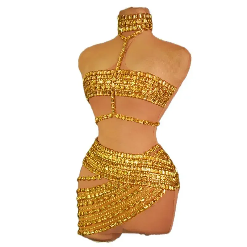 

Sparkly Gold Rhinestones Short Dress Women Sexy Celebrate Prom Gown Lady Birthday Party Cocktail Dress Stage Wears Fangtang