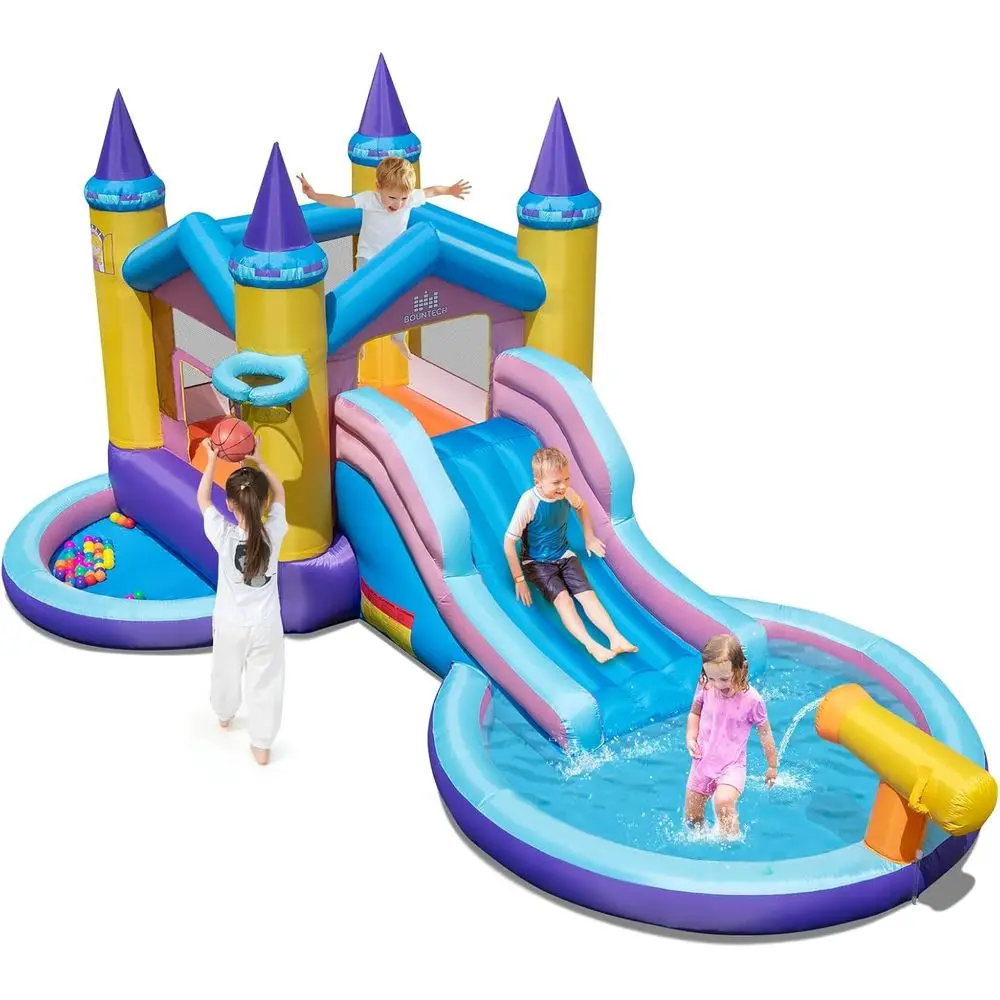 Tobogán de agua Iatable, tobogán de agua 2 en 1 Castle Bounce House con piscina de bolas y piscina contra salpicaduras para diversión al aire libre para niños, Ca hinchable