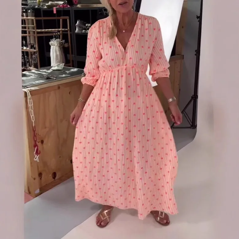 Vestido estampado de cintura alta para mujer, vestido de fiesta de manga de siete cuartos con cuello en V, vestido de fiesta de jardín sin espalda con cordones a la moda