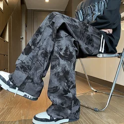 Korean Style Tie-dye Print Casual Pants Black Mopping Trousers Men Autumn Fashion Streetwear Pants Unisex Plus Size 5XL-M