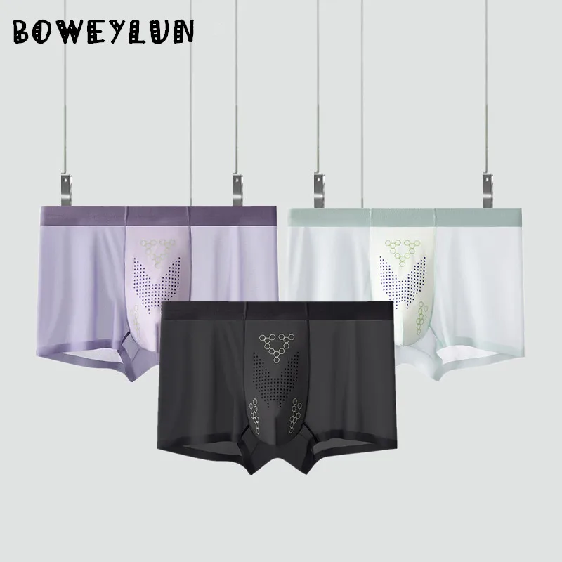 

BOWEYLUN бесшовные однотонные мужские трусы-боксеры из ледяного шелка, приятные для кожи дышащие брюки со средней талией для мужчин