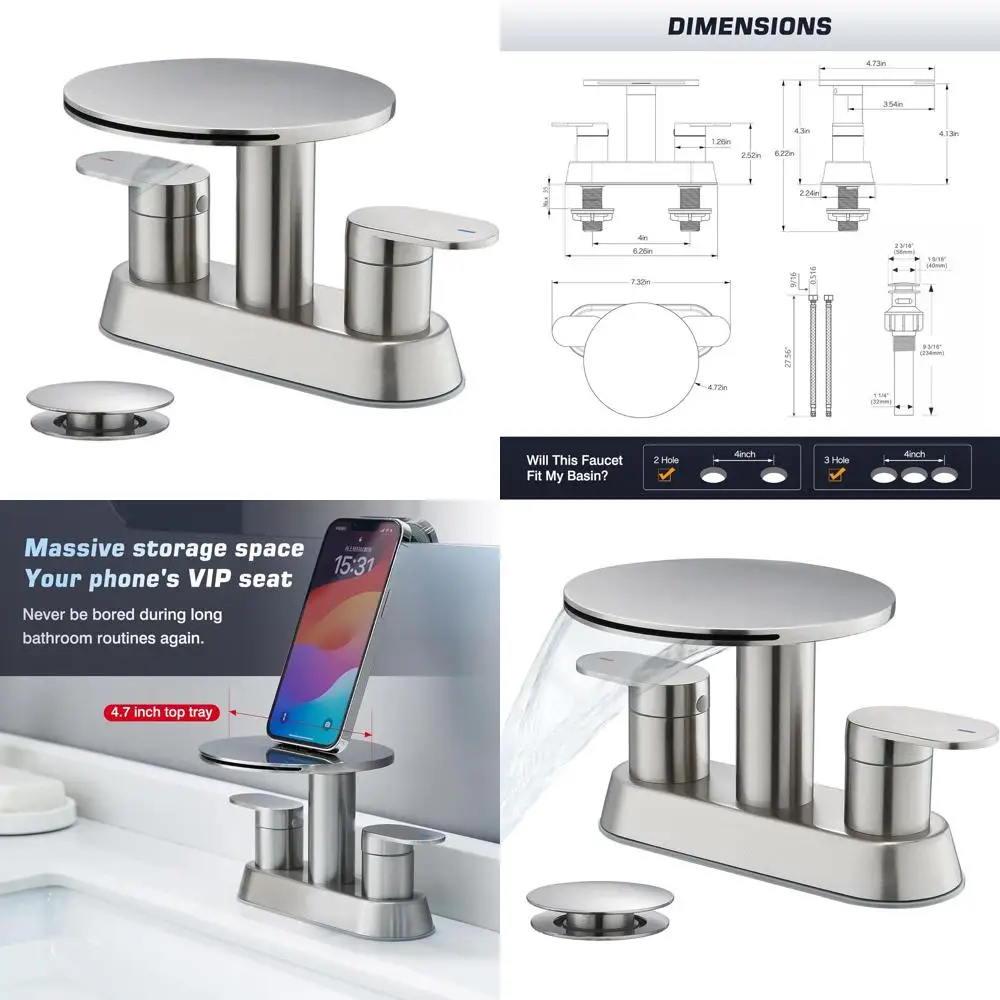 

3-Hole Brushed Nickel Bathroom Sink Faucet with 2 Handles, Modern Vanity Fixture, 4 Inch Centerset, and Round Shelf