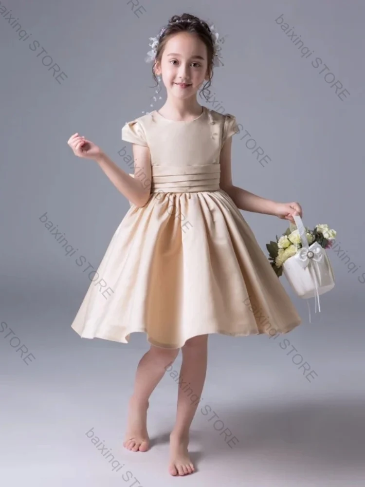 

Champagne Satin Flower Girl Dress Elegant Cute Children Short Skirt Simple Customizable Color Birthday Party Prom Evening gown