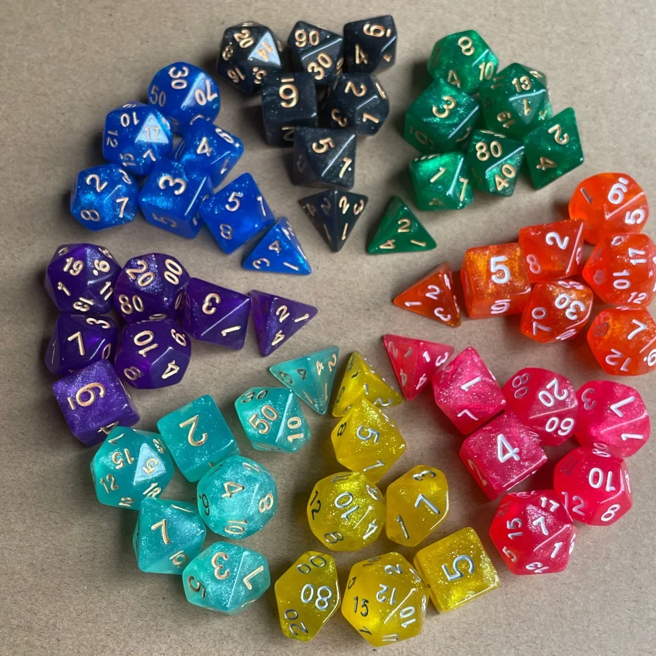 Juego de dados digitales para DND TPRG PRG, juego de dados poliédricos, fuente dorada, rosa, purpurina, 7 piezas, juegos de mesa D4, D6, D8, D10, D %, D12, D20