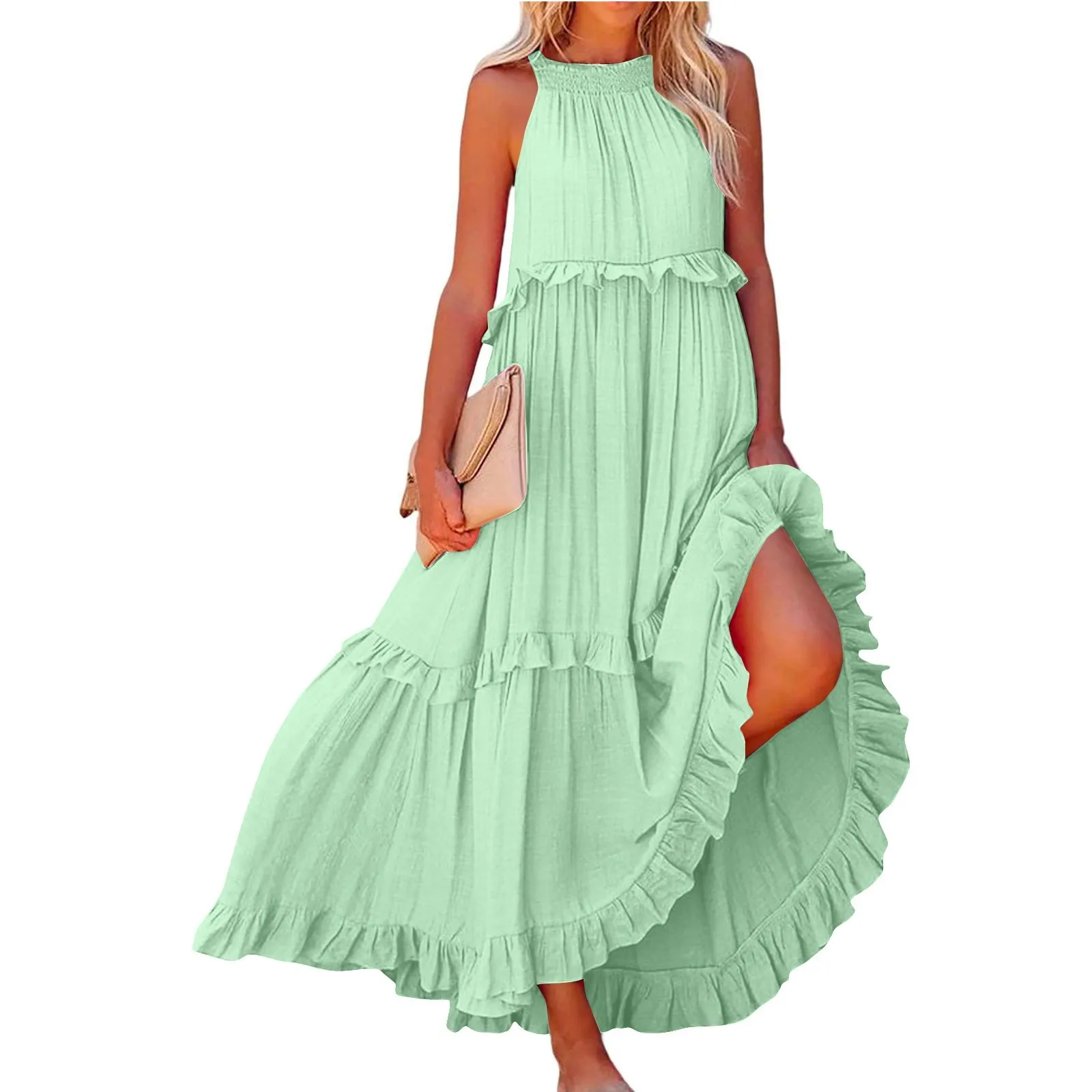 Frauen Rüschensaum geschichtete lange Kleider Sommer ärmelloses rückenfreies Kleid Mode langes Kleid Big Swing Strandkleid Vestidos