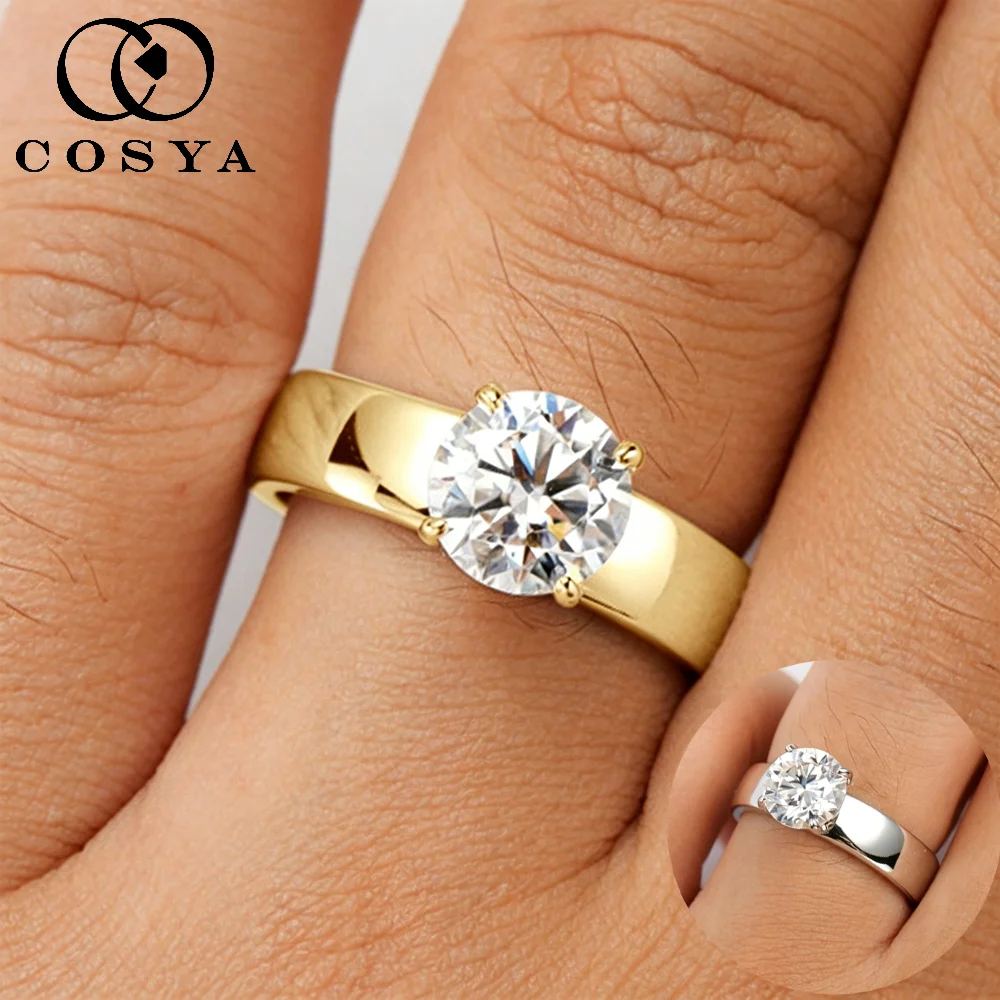 COSYA Certified 2CT 8MM Round Moissanite Diamond Ring For Women S925 Silver 18K Gold Solitaire Wedding Band Fine Jewelry Gift