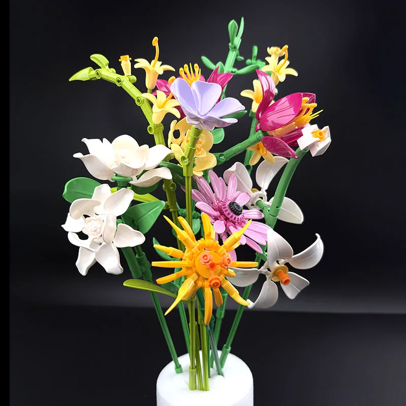 Ramo de Bloques de Construcción de Colores Arcoíris, Flor Eterna de Gerbera y Orquídea, Ramo de Flores Artificiales de Bloques de Construcción Multicolores para Armar