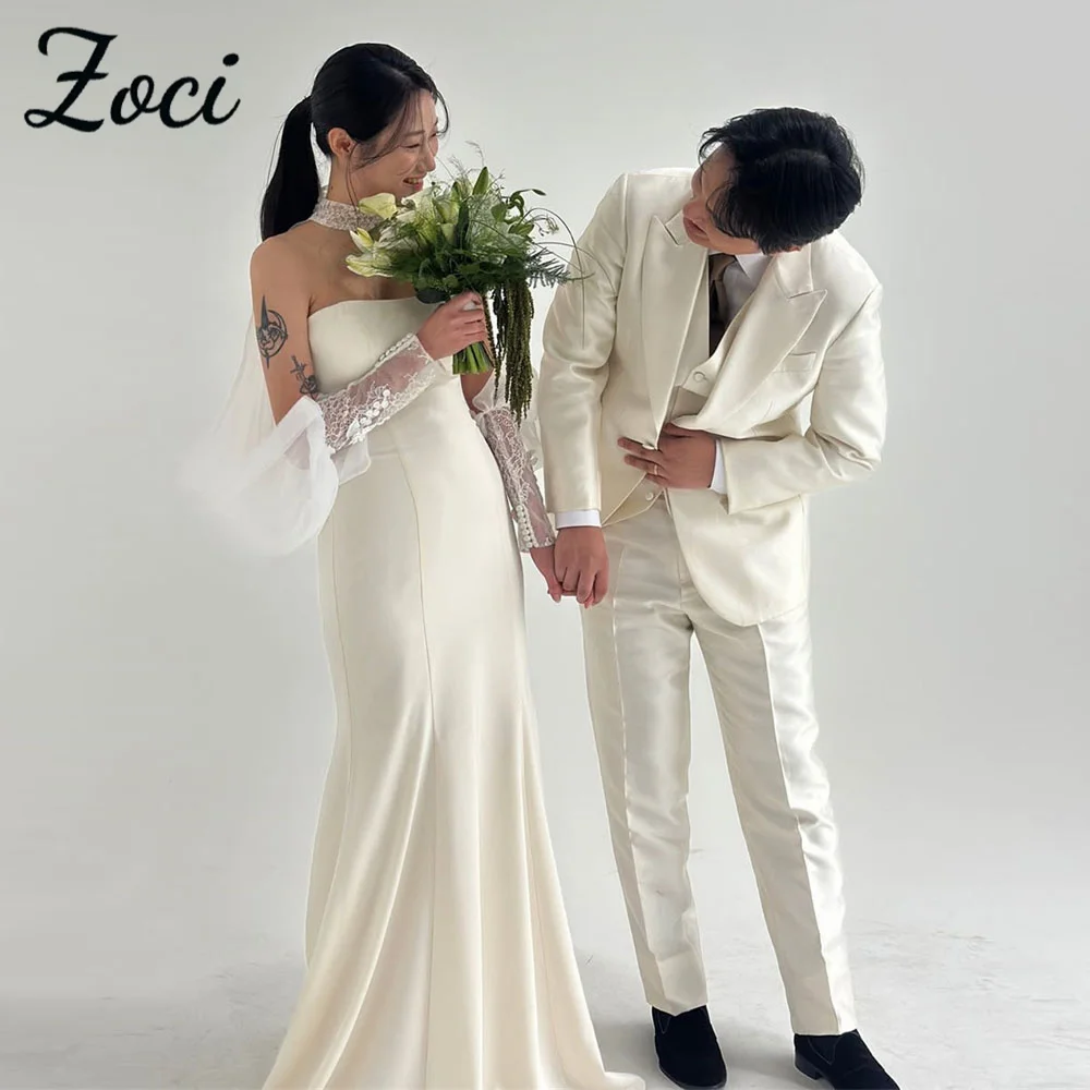 

Zoci Elegant Strapless Korea Wedding Dresses Customized Strench Satin Bride Photo Shoot Dress Long Mermaid Bridal Reception Gown