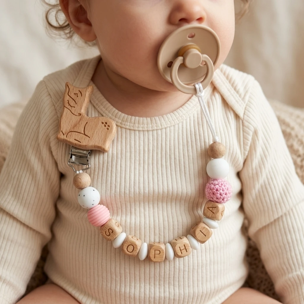Mittsboy Personalized Baby Pacifier Clip Custom Name Wooden Llama Dummy Chain BPA Free Silicone Teether Boho Shower Gift