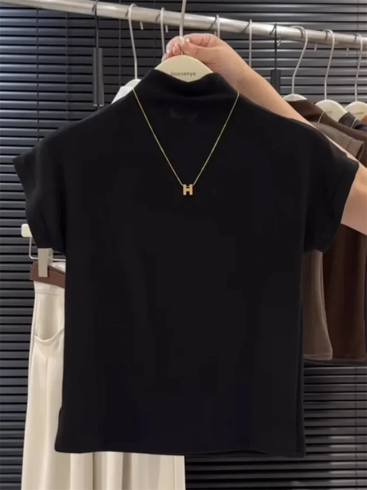 Women Spring Summer Top Half High Neck T Shirt Slim Fit Slimming Bottom Layer Right Angled Shoulder