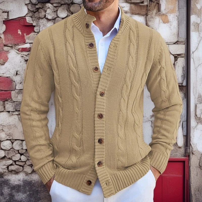 Primavera e outono masculino casual gola alta camisola de malha jaqueta cor sólida único breasted cardigan camisola topo