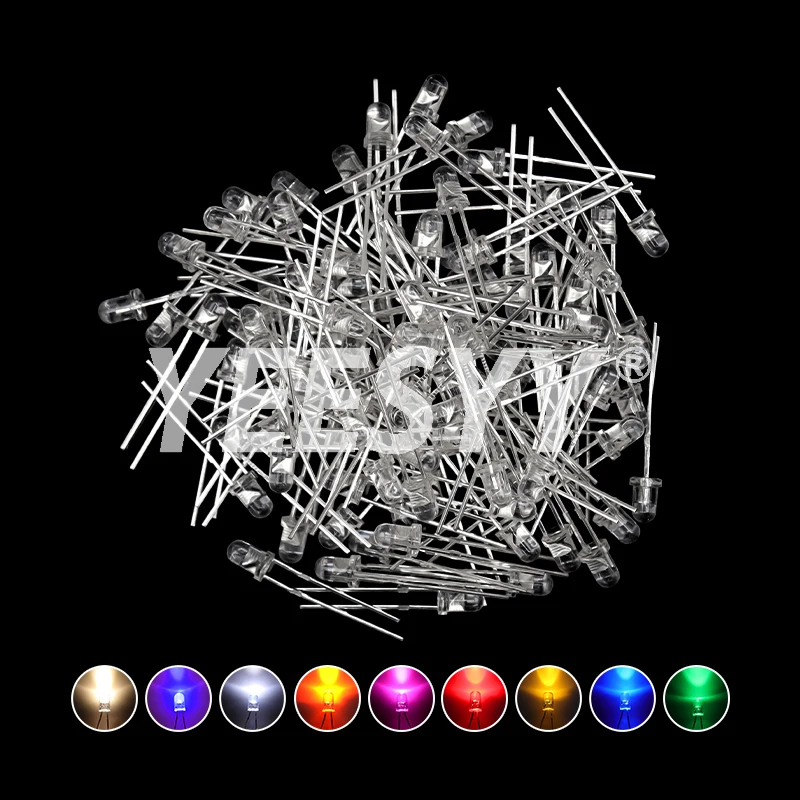 100PCS 3mm LED Diode F3 Assorted Kit Yellow Orange White Green Red Blue Pink Purple Warm White DIY Light Emitting Diode