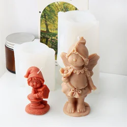 3D Hat Fairy Girl Candle Silicone Mold Winged Flower Fairy Statue Plaster Making Tools Small Girl With House Mold Home Decor