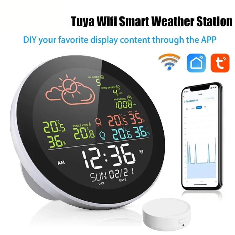 Tuya Wifi Smart Weather Station Indoor Outdoor Home Temperature Humidity Meter Digital Color Screen Clock Thermometer Hygrometer