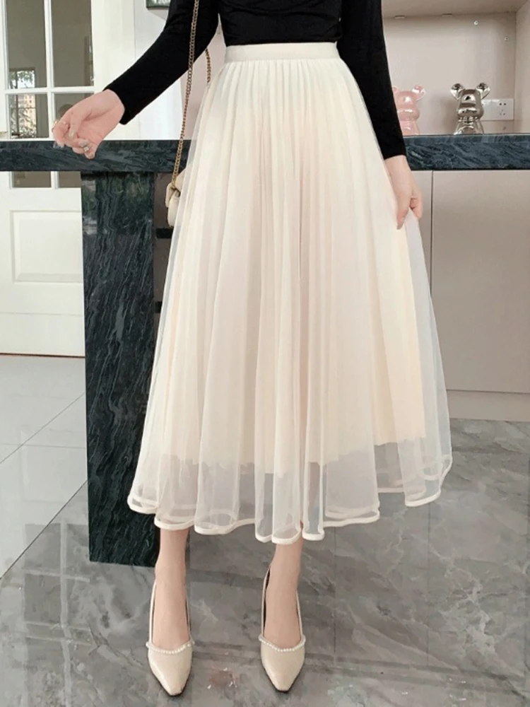 Women Casual Solid Color A-line Pleated Skirt Fashion Elastic Waist Midi Tulle Skirt For Spring Summer QT2324