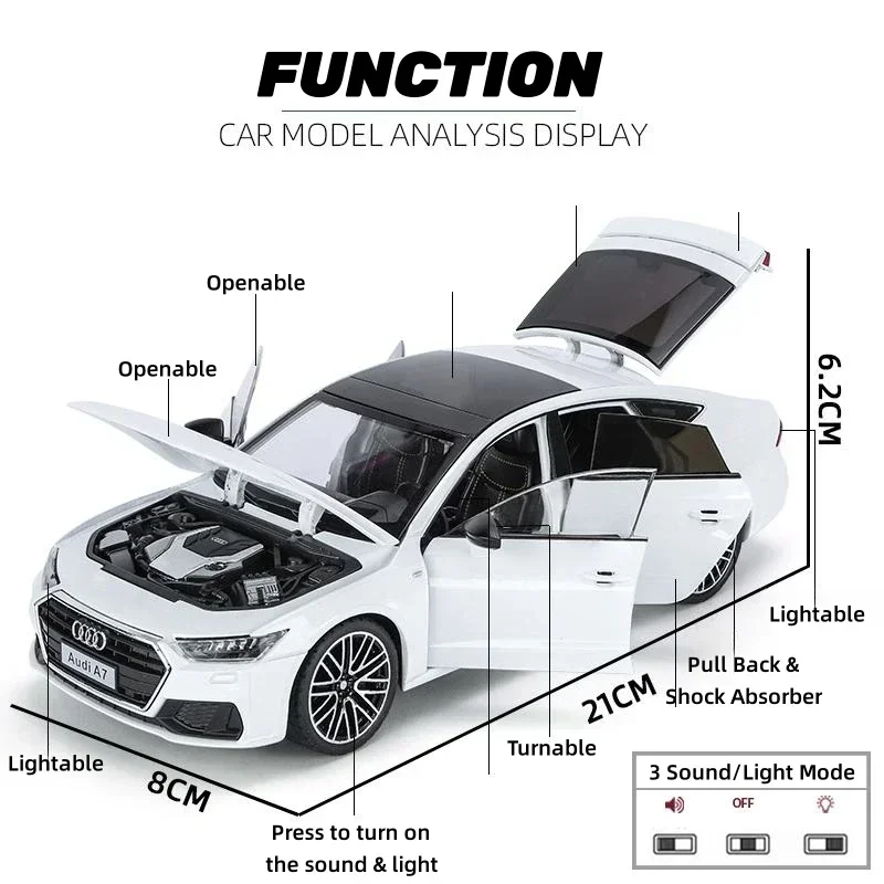 1:24 Audi A7 modello di auto giocattolo pressofuso veicolo in lega in miniatura tirare indietro suono e porte luminose collezione apribile regalo