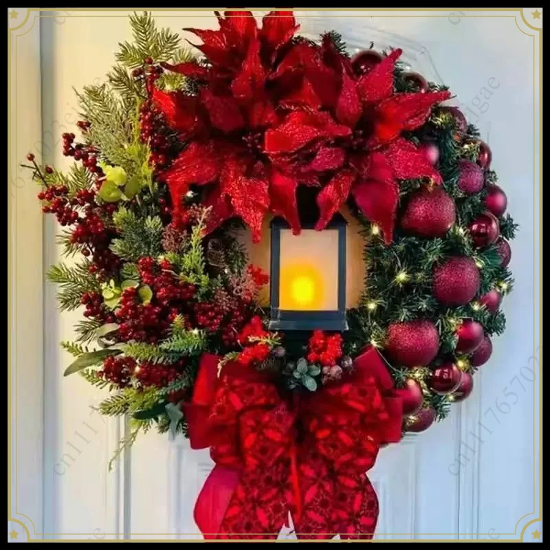Christmas Wreath With LED Light Bow Ball Big Red Flower Party Wall Door Window Fireplace Staircase Balcony Garden Wreath