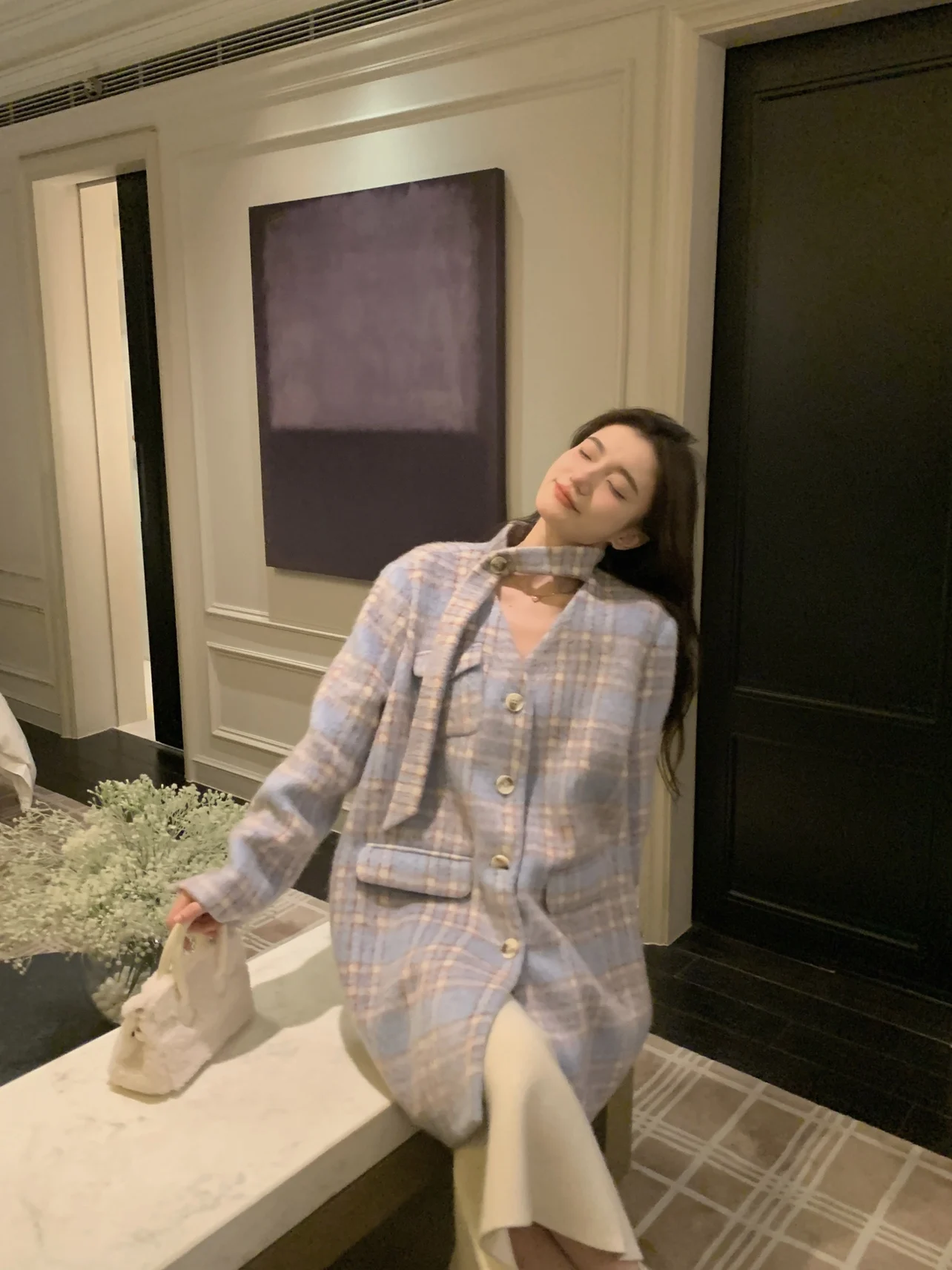 

Милое сине-фиолетовое шерстяное пальто в клетку для женщин: дизайнерская модель Jaet Sli, зимняя верхняя одежда для дам