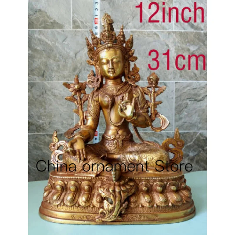 12 Inch/31cm Green Tara Bronze Buddha Temple God Bodhisattva Sculpture Statue