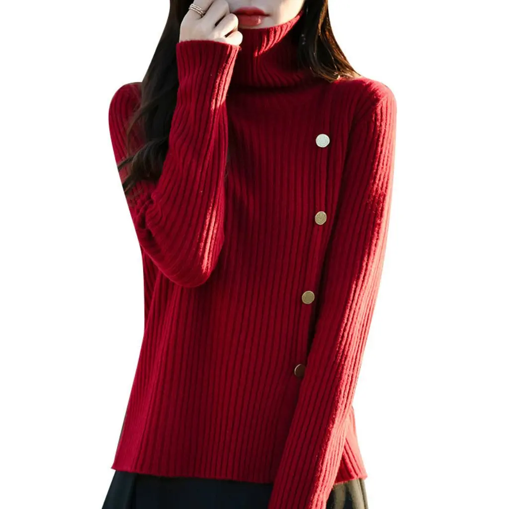 여성용 하이 칼라 니트 풀오버 후드 스웨터 긴 소매 단색 기본 셔츠 가을 겨울용