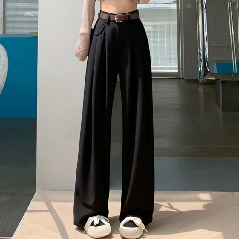 Retro ผู้หญิงสบายๆกางเกง 2025 ฤดูใบไม้ผลิฤดูร้อนใหม่เอวสูงขากว้างกางเกงตรงความยาวเต็ม Draped Office Lady กางเกง