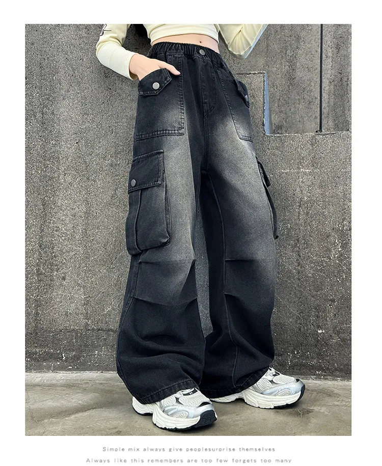Mädchen Frühling Herbst Cargo Weite Bein Jeans 4-14 Jahre Kinder Elastische Hohe Taille Multi-Taschen Lose Freizeithose – Detail 16