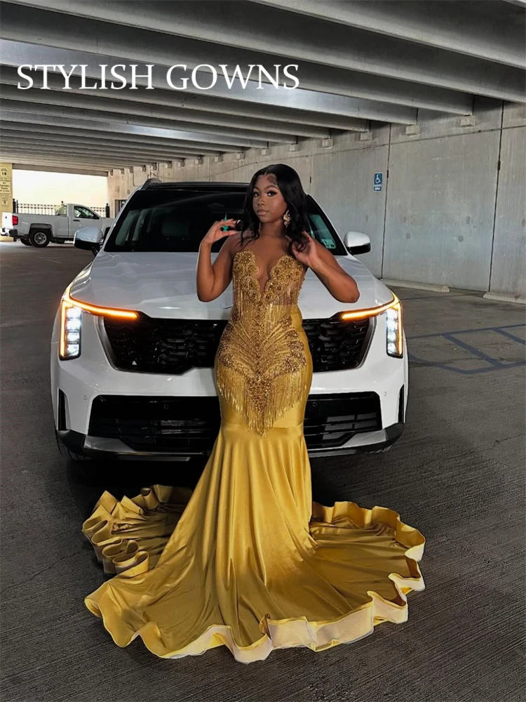 

Длинные выпускные платья золотого цвета O N для черных девочек, роскошное платье на день рождения с кристаллами 2025 года, с оборками, Русалка баста luiم الك갑