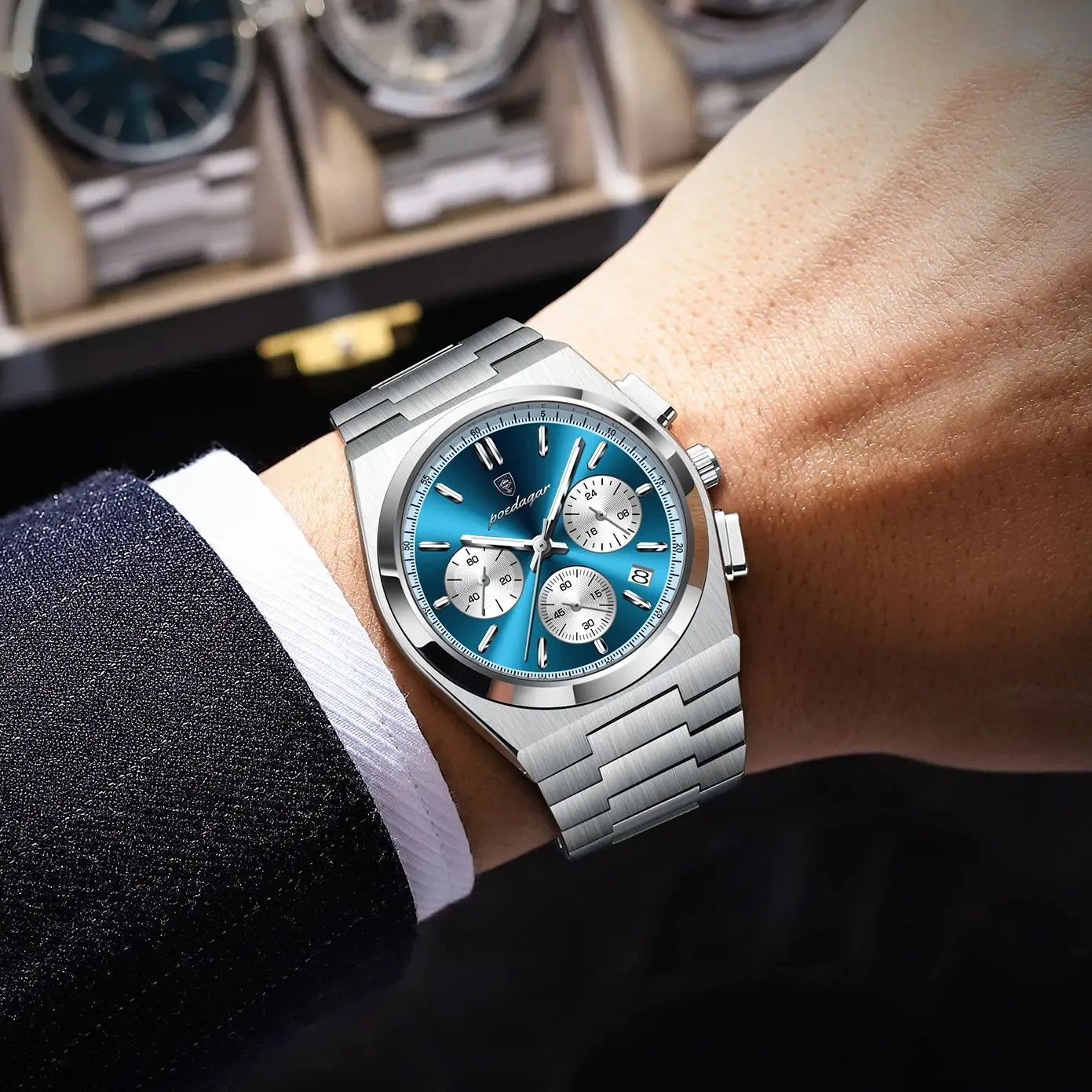 POEDAGAR الفاخرة رجل ساعة كوارتز مقاوم للماء مضيئة تاريخ كرونوغراف ساعات للرجال الفولاذ المقاوم للصدأ موضة ساعة رجالي Reloj