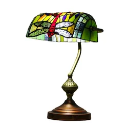 Tiffany Baroque Style Stained Glass Shade with Metal Rack Wooden Base LED E27 Warm Table Lamp Eye Protection Lamp for Bedroom