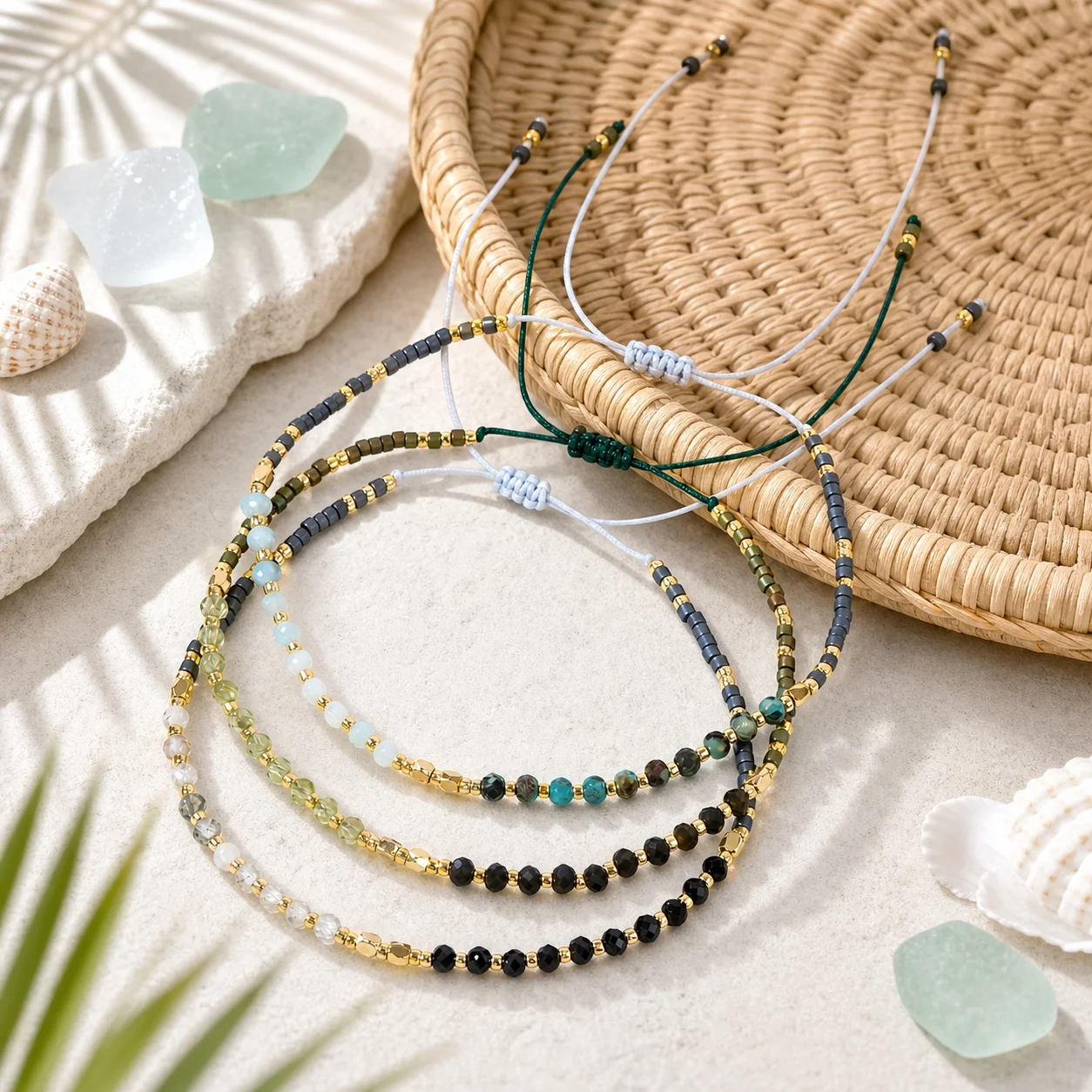 3pcs Boho Round Semi Precious Stone Beaded Strand Bracelet Adjustable Tie Cord Bracelet Bohemia Style for Women