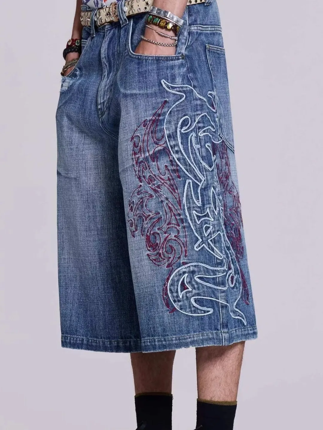 

Low Waist Y2K Pattern Embroidered Loose Straight Jored Summer Shorts Street Style Drawstring Closure Non-Shrinkage Jeans Shorts