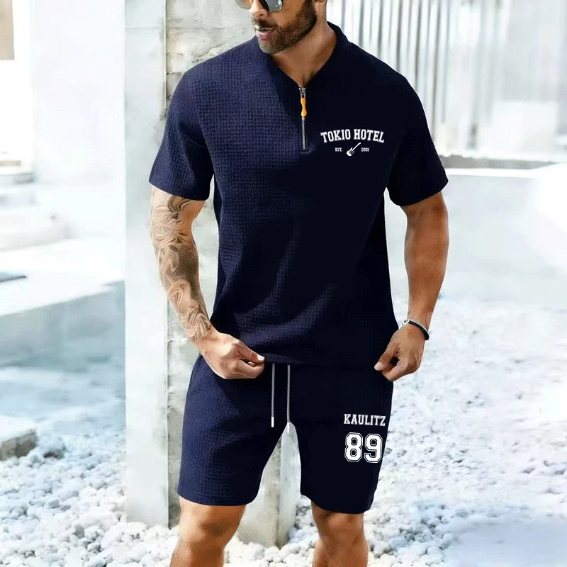 

2026 Men new summer Waffle solid color lapel short-sleeve suit shorts two sets European size casual and fashionable men clothing