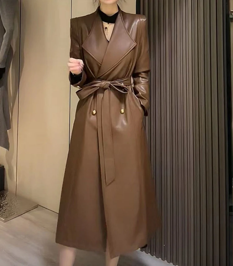 

Spring Autumn Luxury Elegant Stylish Chic Long Brown Black Soft Pu Leather Trench Coat for Women Sashes Runway Fashion 2024