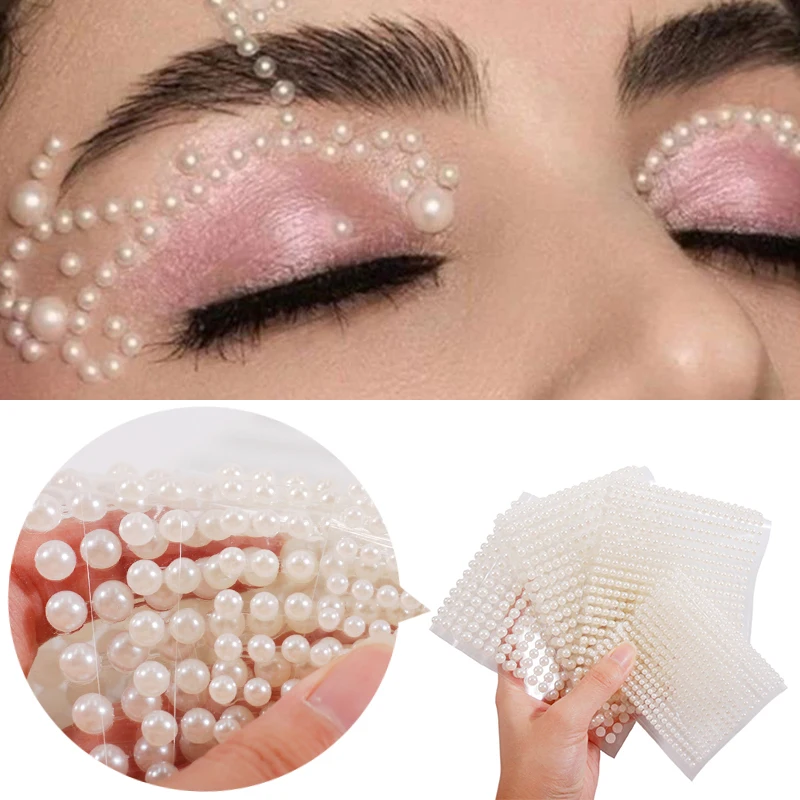 3D Eyes Face Temporary Tattoo 3mm/4mm/5mm/6mm Pearl Face Jewels Eyeshadow Stickers Self Adhesive Face Body Eyebrow Sticker Decor