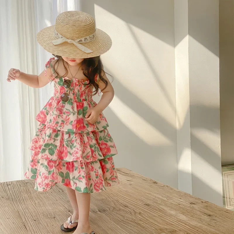 

Baby Girls' Strap Dress Summer 2026 New Children's Flower Cake Dress Vacation Style Princess Dress 2-7Y
