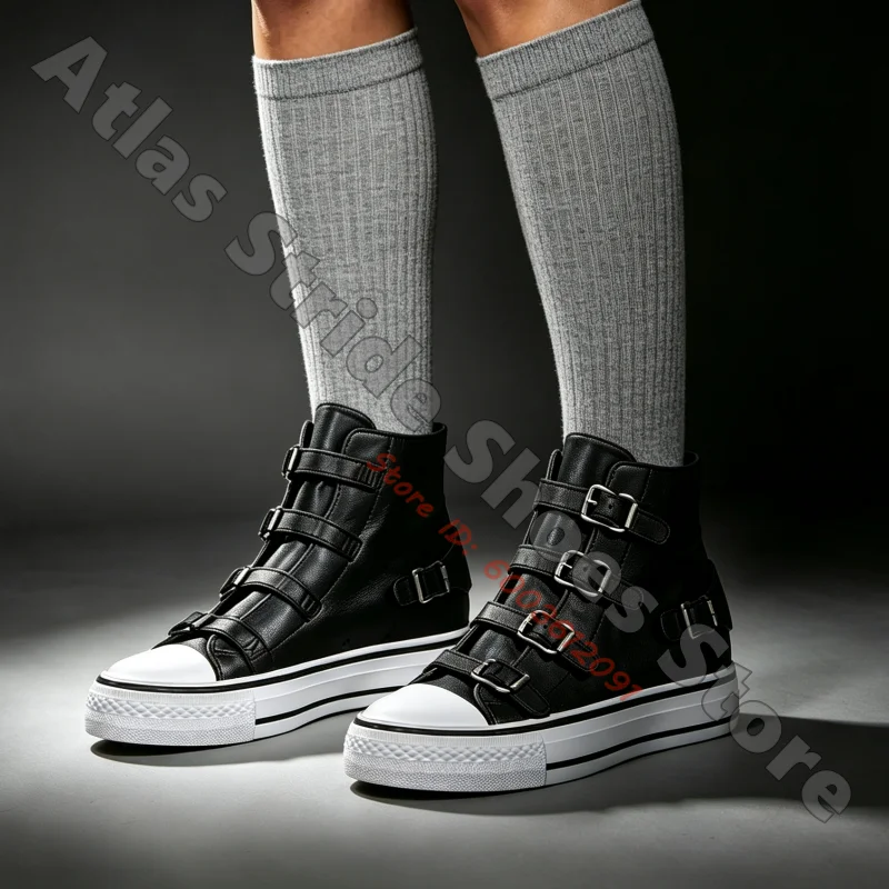 Multi Buckle Strap High Top Casual Sneakers Contrast Toe Cap Hook And Loop Closure Thick Platform Sole Street Chic Daily Shoes