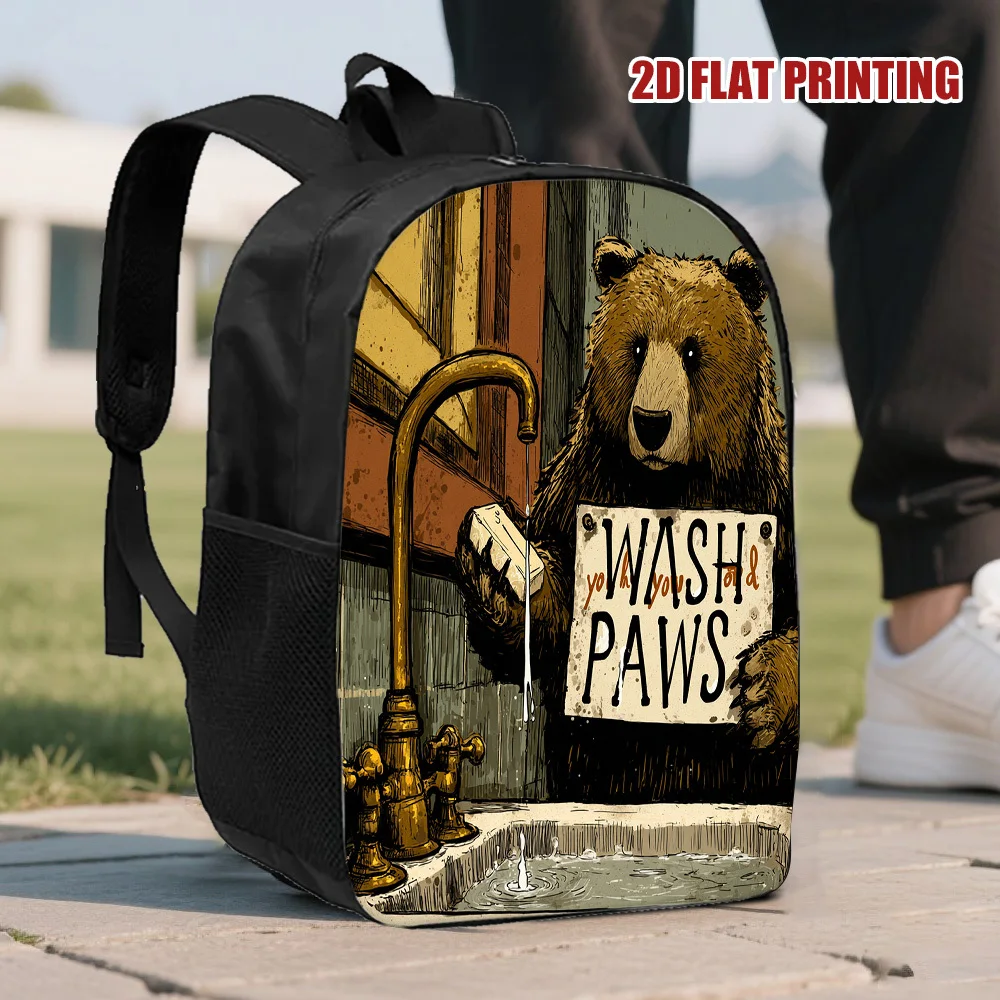 

1 piece Bear Hygiene Reminder Backpack - cute 2D flat print design with "wash paws" logo, removable adjustable shoulder strap