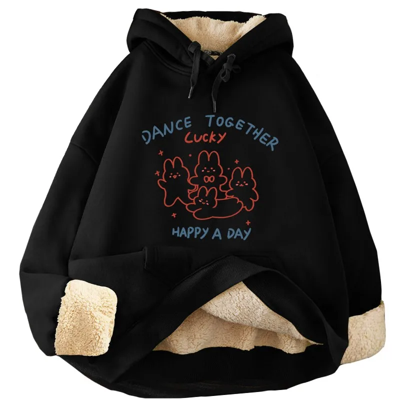 

Winter Korean Casual Coat Clothes Women Hoodies Thicken Warmth Sweatshirts Cartoon Harajuku Letter Print Fleece Pullover Female