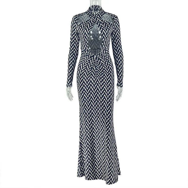 

Women Dresses 2026 Spring Autumn Fashion Printed Stripes Hollowed Out Design Cross Hanging Neck Long Sleeved Hip Hugging Dress