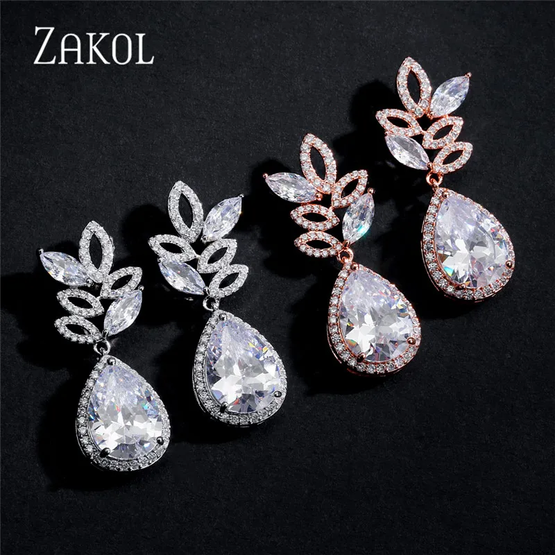 ZAKOL Luxury Water Drop Leaf Cubic Zirconia Bridal Dangle Earrings for Women Temperament Wedding Engagement Jewelry Gift